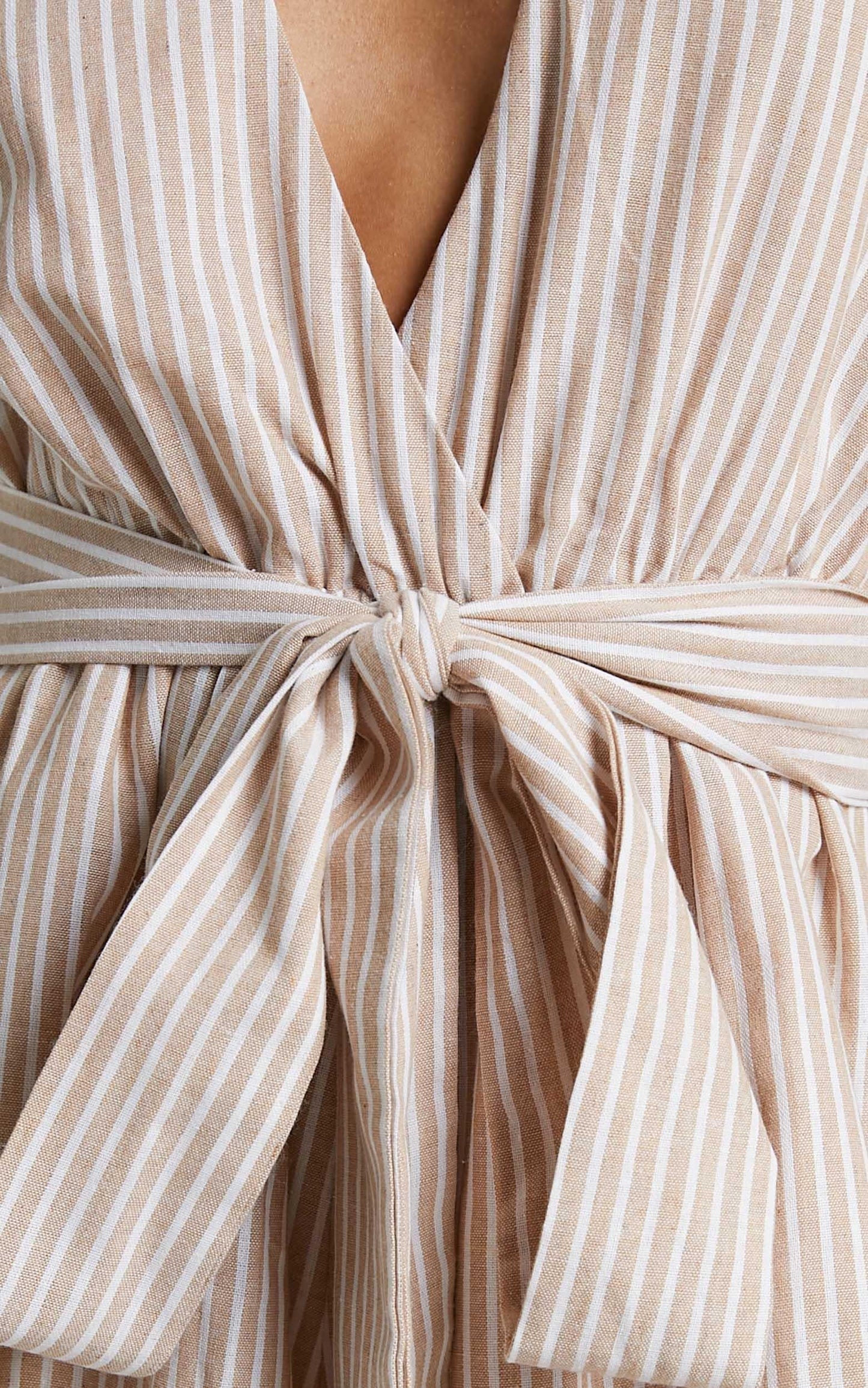 Top It Off Pluge Tie Front Playsuit in Beige Stripe