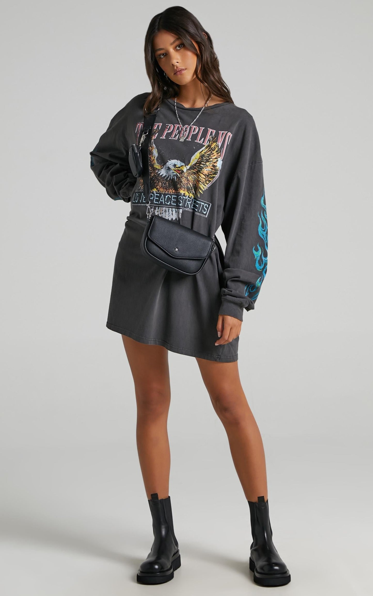 The People Vs - Rally Long Sleeve Tee Dress in Vintage Black