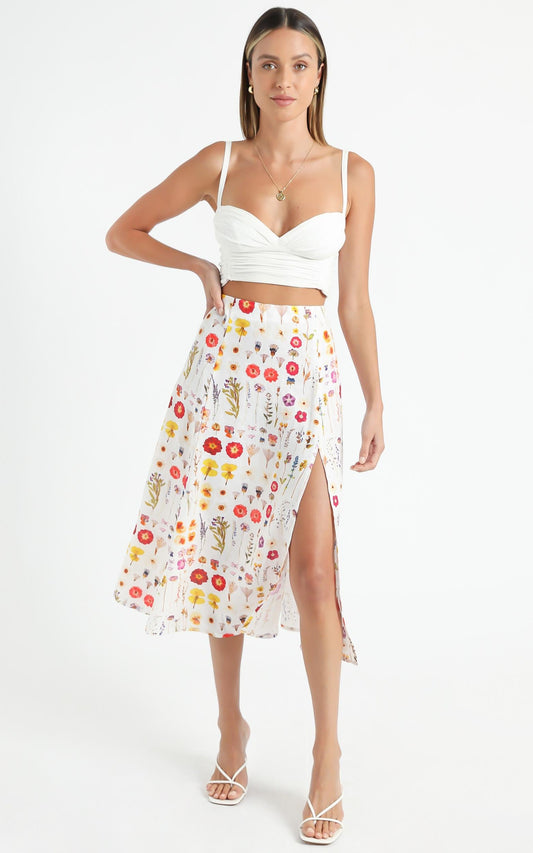 Cools Club - A Line Split Midi Skirt in Pressed Floral