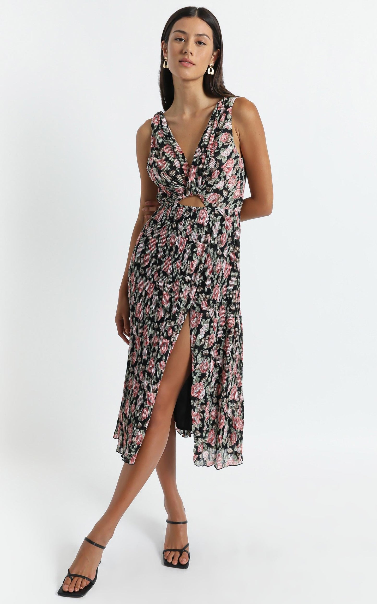 Amelia Midi Dress in Pleated Rose Floral