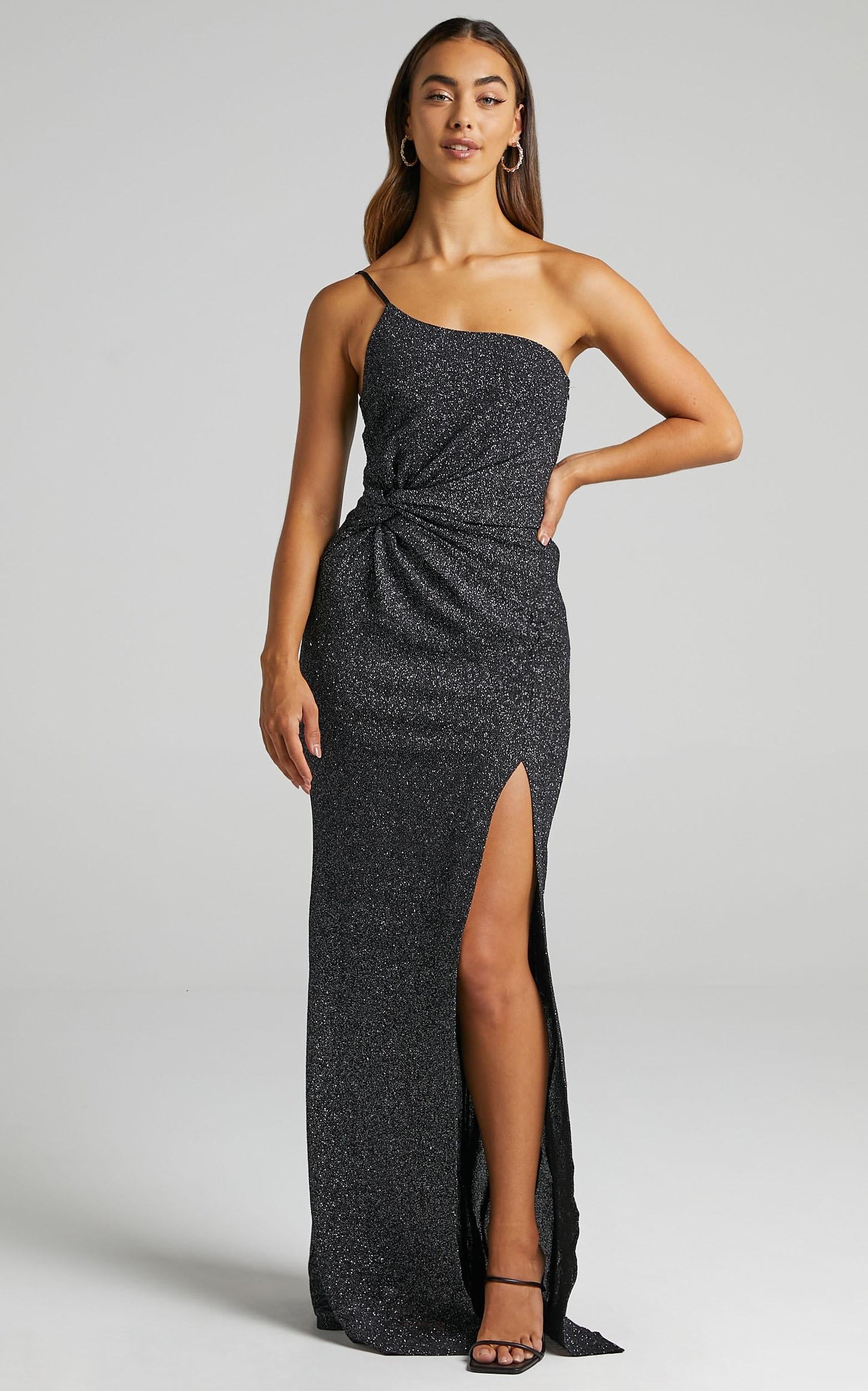 Gwen One Shoulder Maxi Dress in Black Sparkle