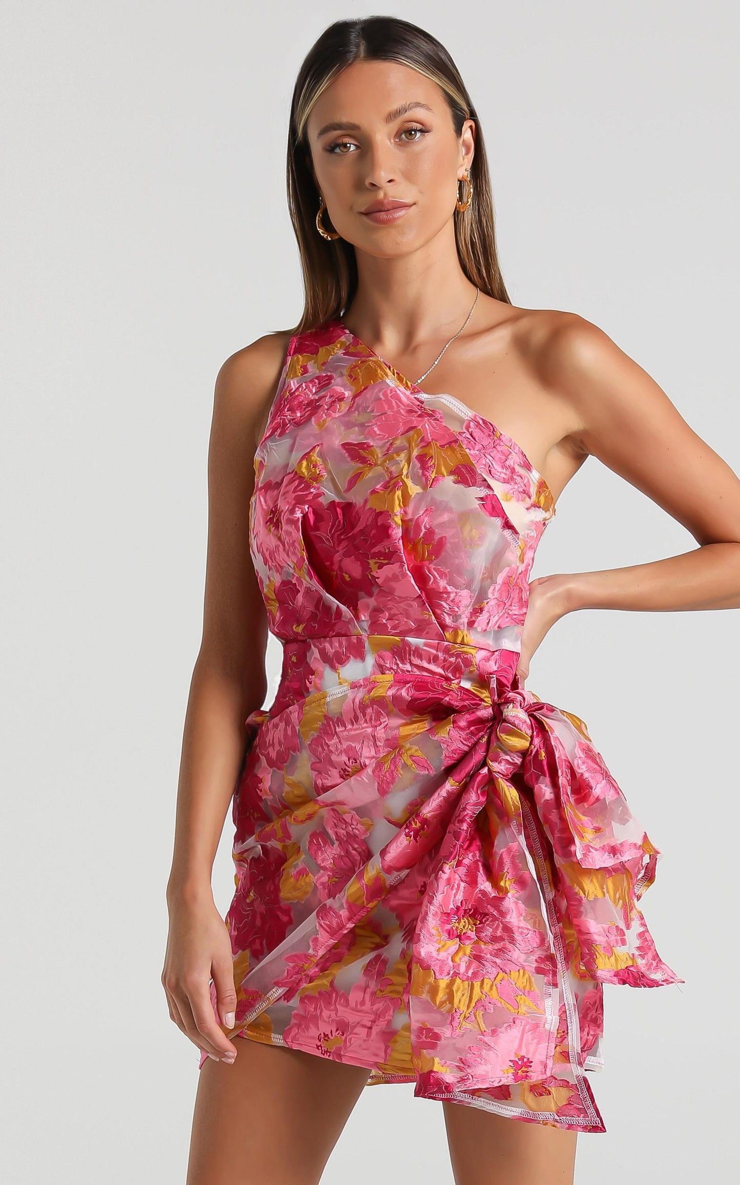Hailey Mini Dress - One Shoulder Dress in Pink Floral