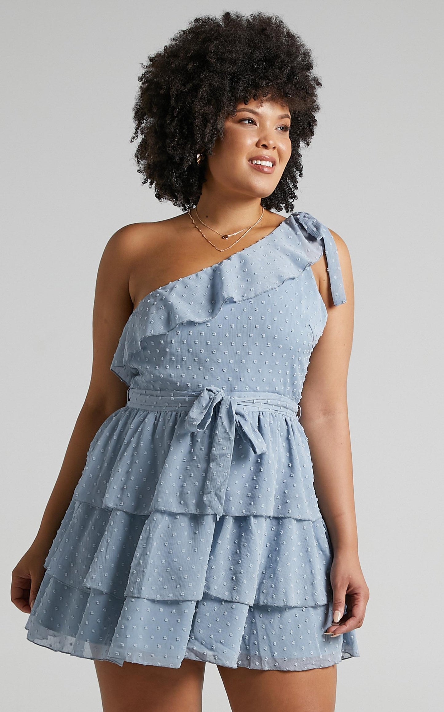 Darling I Am A Daydream Mini Dress - One Shoulder Ruffle Dress in Powder Blue
