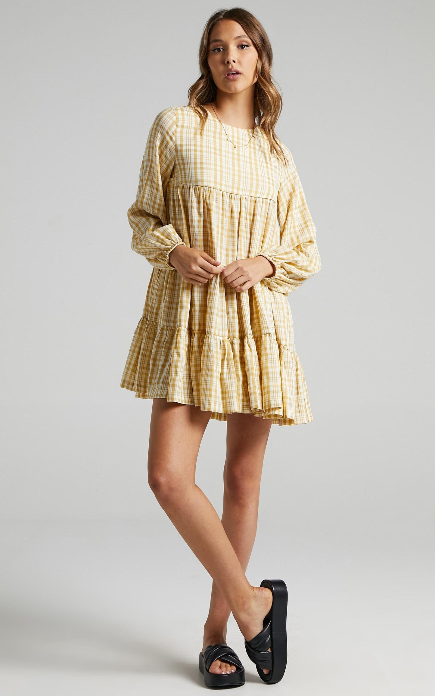 Ellora Dress in Mustard Check