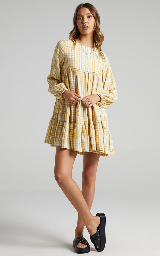 Ellora Dress in Mustard Check