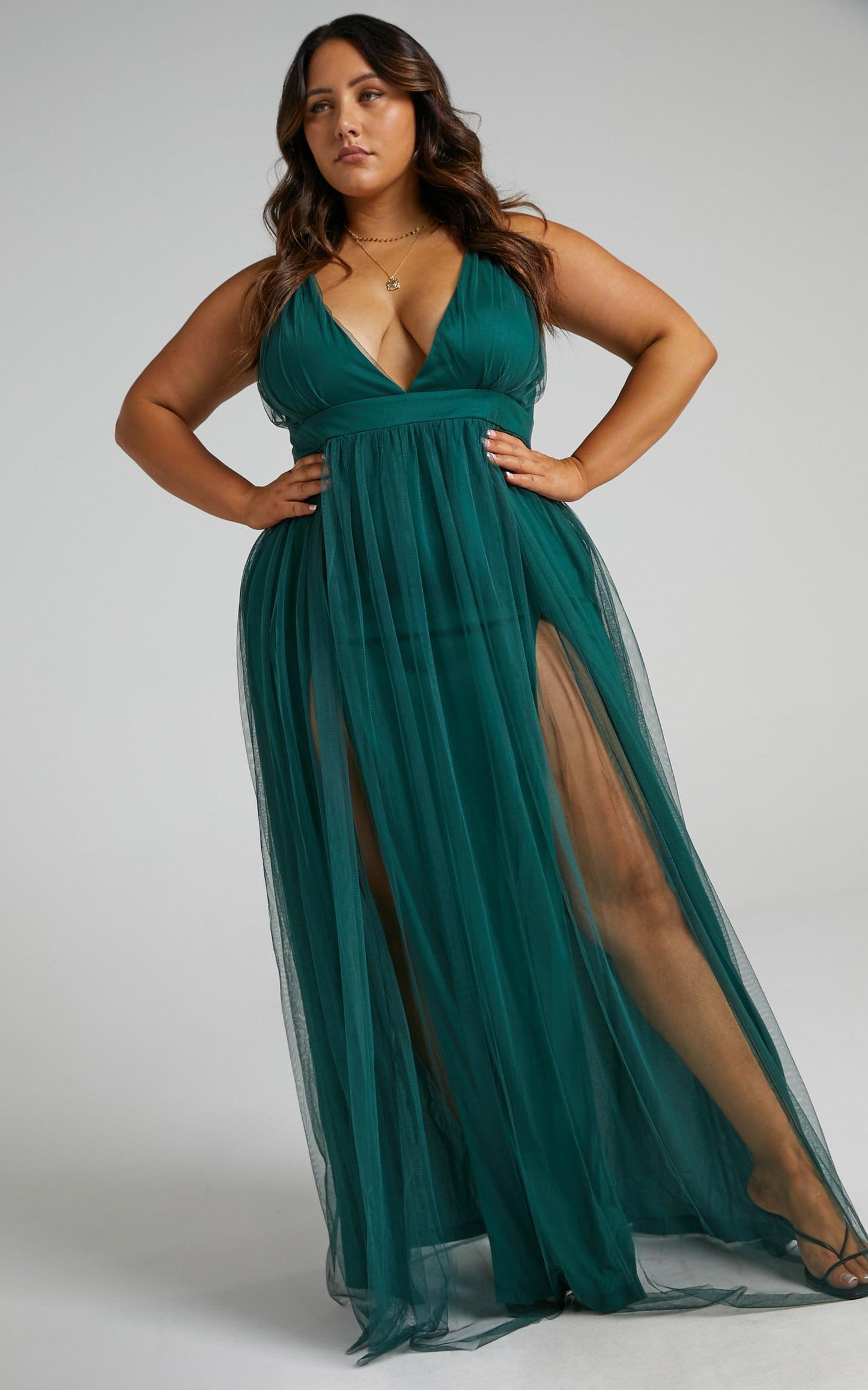 Like A Vision Midi Dress - Plunge Thigh Split Dress in Emerald Tulle