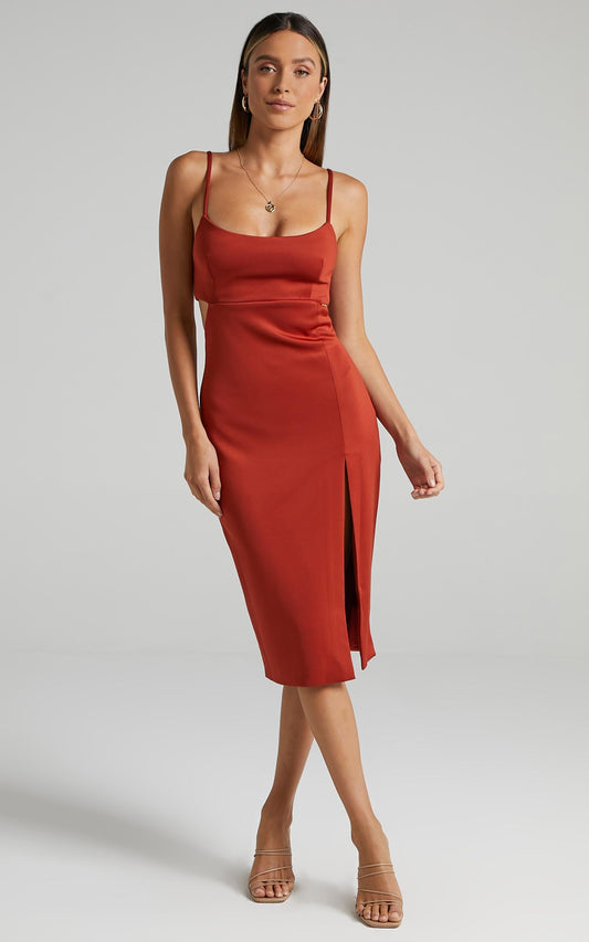 Odette Open Back Midi Dress in Rust