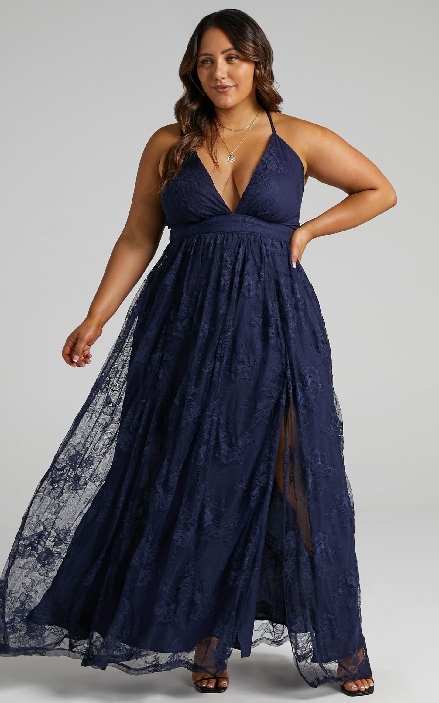 Meijel Plunge Neck Cross Back Maxi Dress in Navy Lace