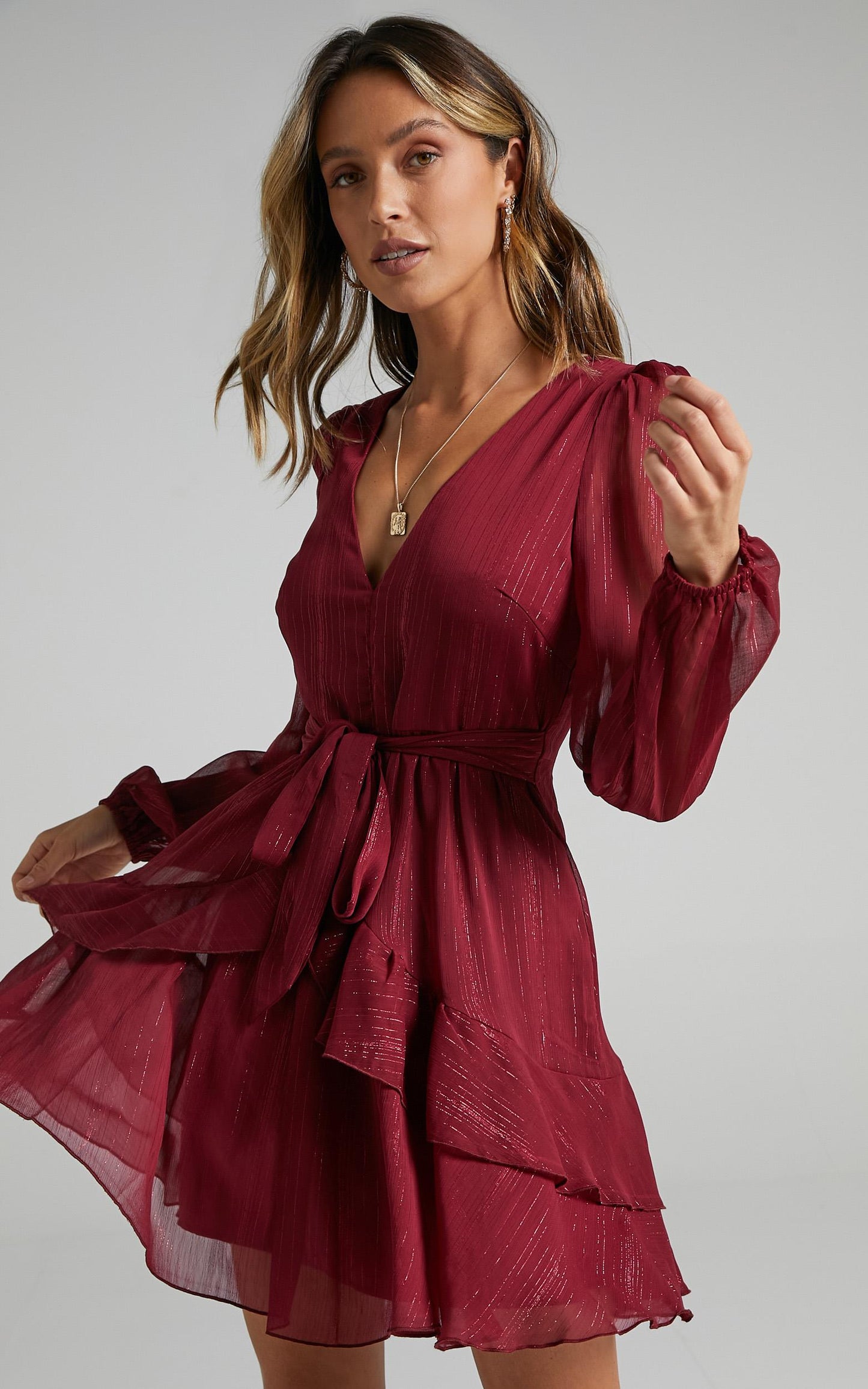Eyes That Know Me Mini Dress - Long Sleeve Ruffle Dress in Wine