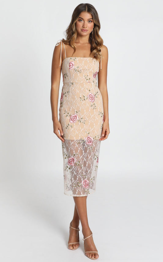 Can We just Talk Dress In Beige Floral Lace