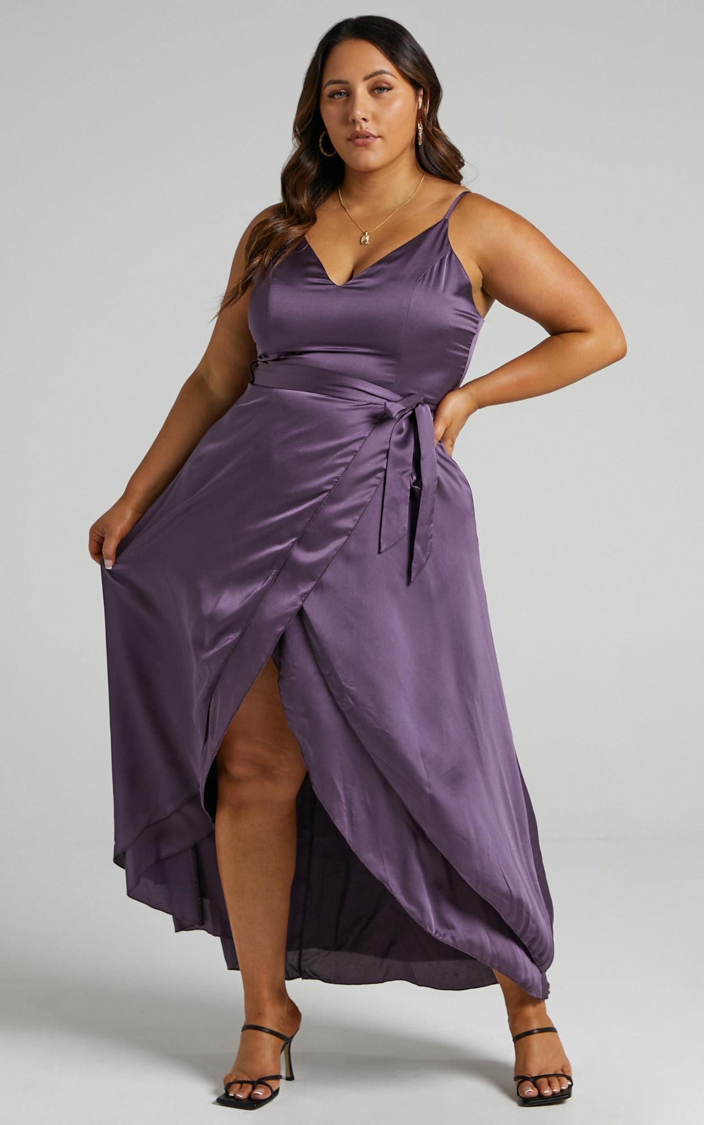 Treasuring You Wrap Midi Dress in Aubergine Satin
