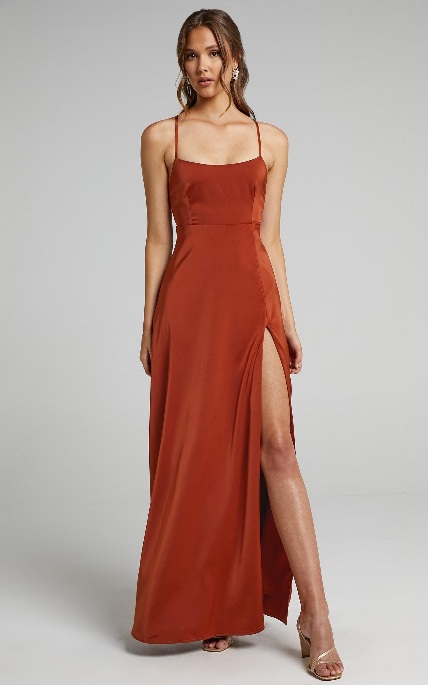 Will It Be Us Midi Dress - Thigh Split Cross Back Dress in Copper