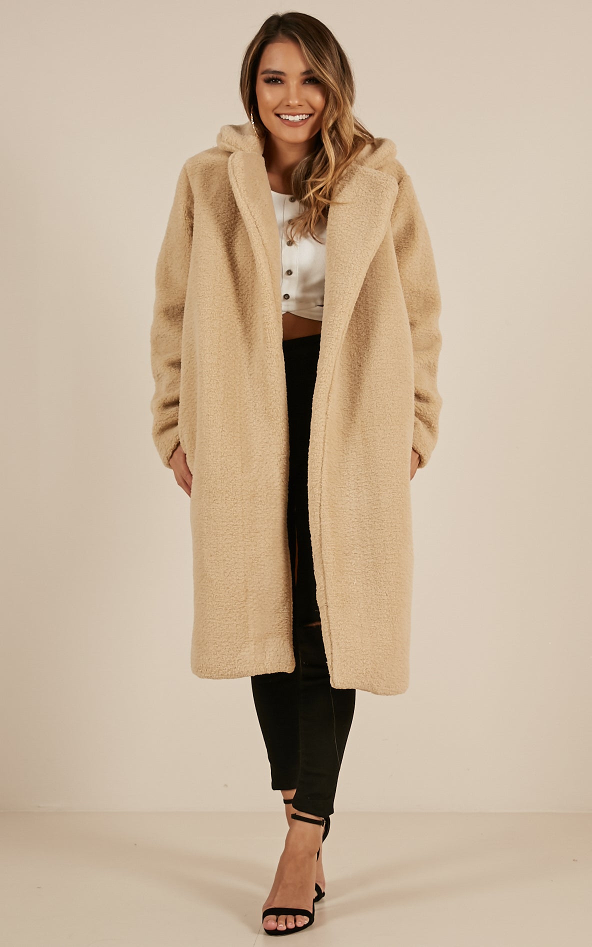 Reach Up High Coat In Beige Teddy