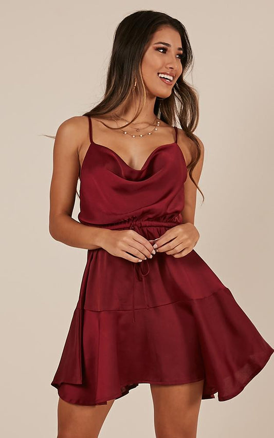 Lay Low Dress In Wine Satin