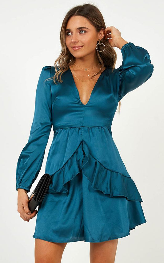 White Lies Dress In Teal Satin