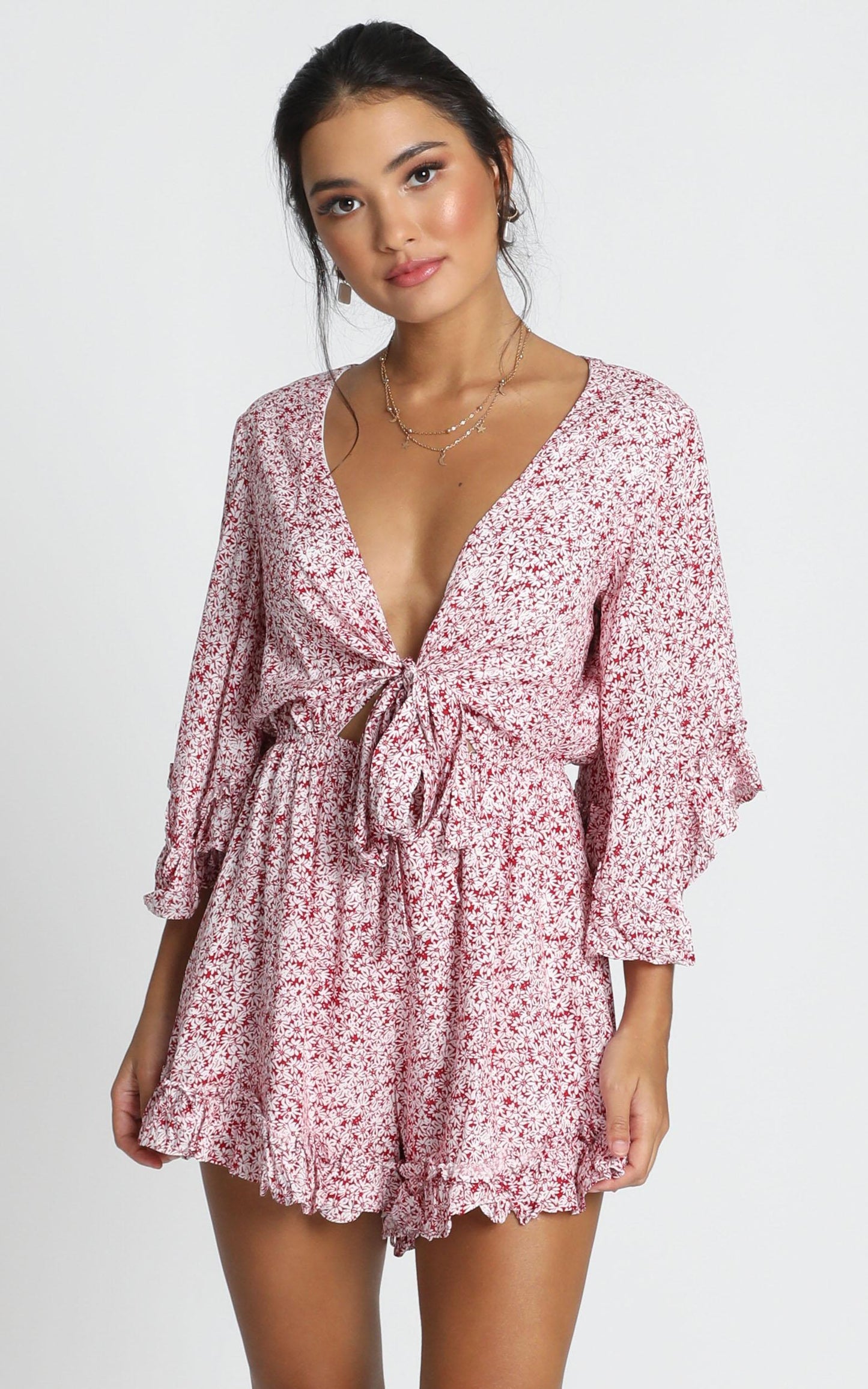 Priya Tie Playsuit in Red Floral