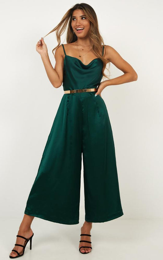 Night Shine Jumpsuit In Emerald Satin