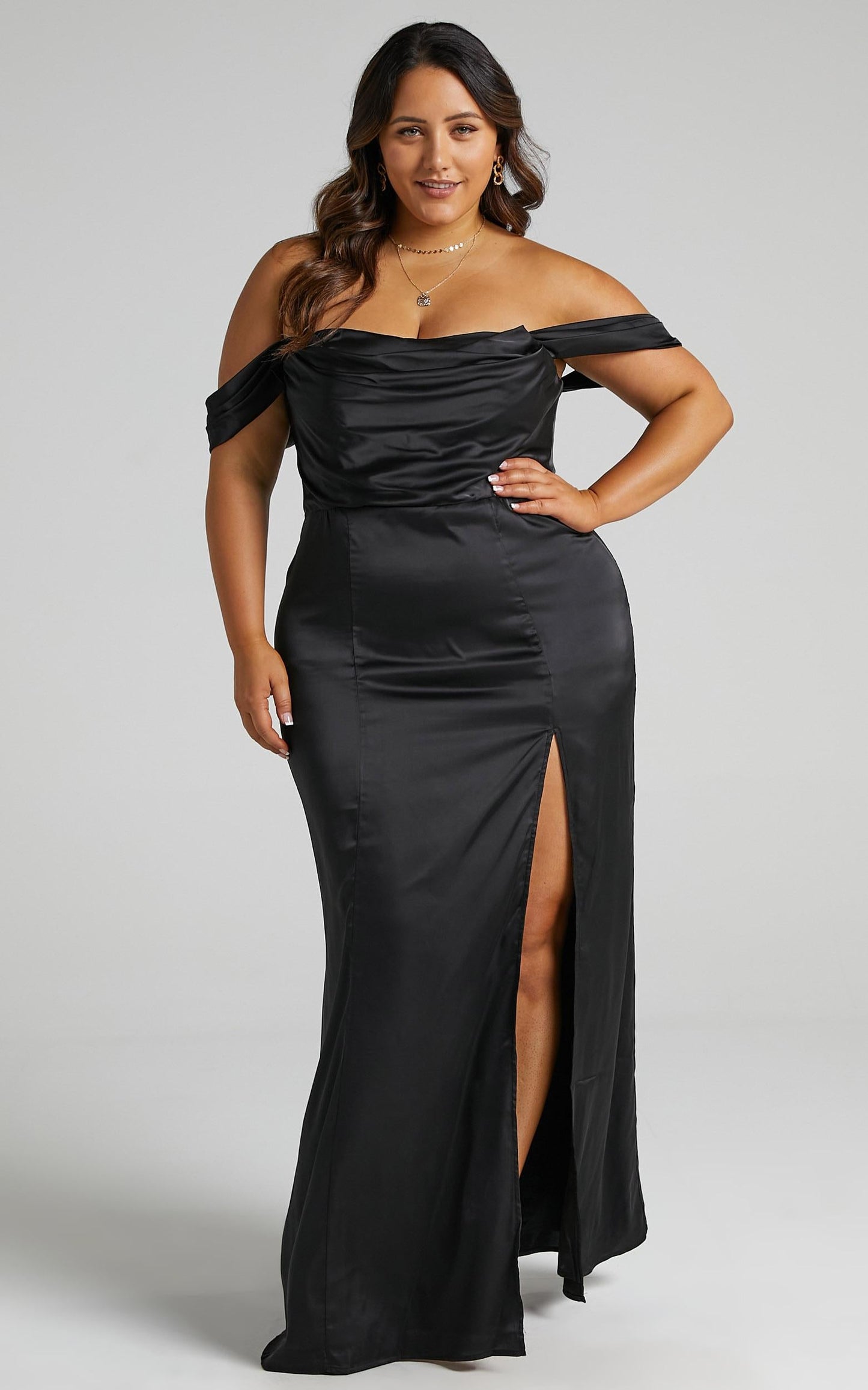 Faye Off Shoulder Maxi Dress in Black Satin