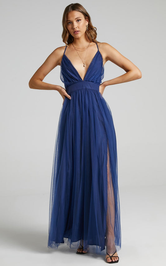 Tell Me Lies Midi Dress - Plunge Cross Back Dress in Navy Tulle