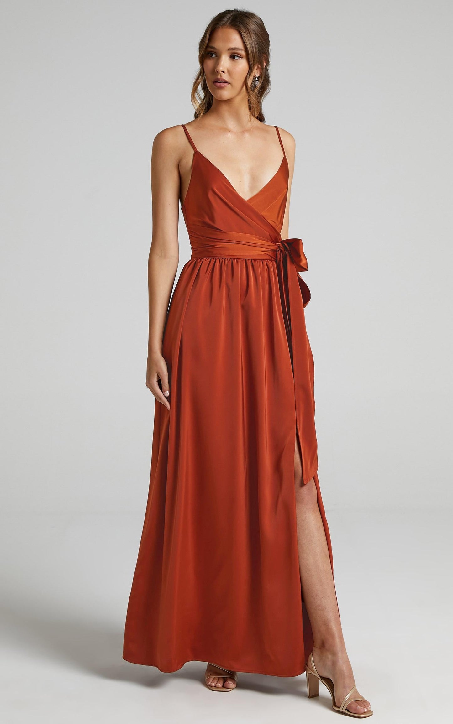 Revolve Around Me Midi Dress - V Neck Wrap Dress in Copper