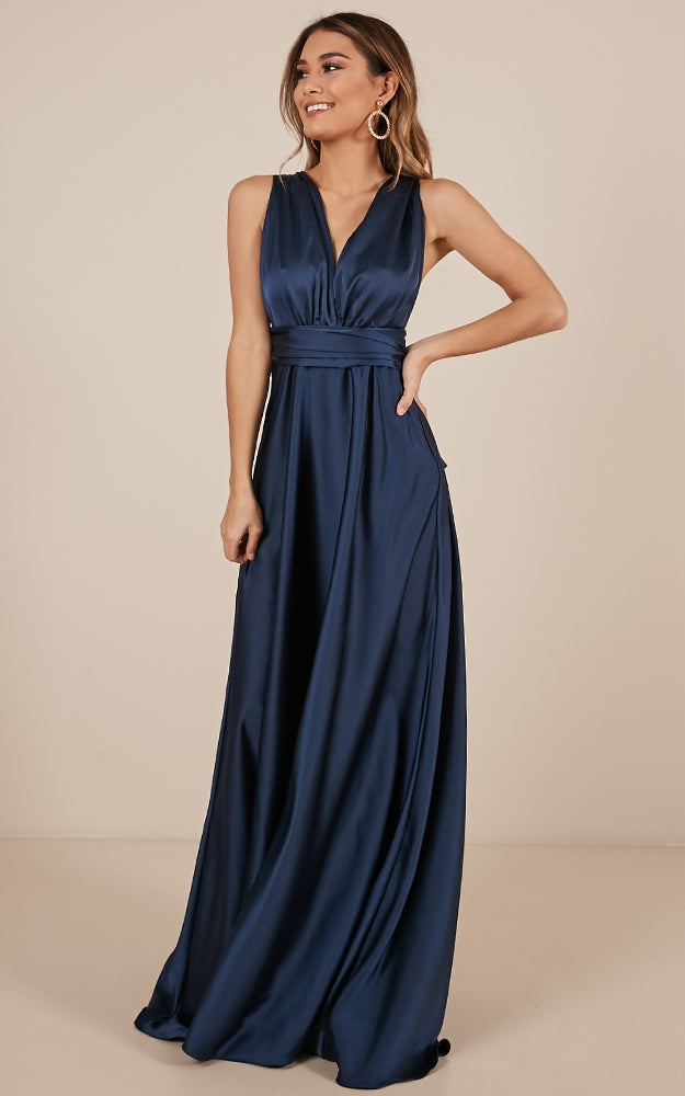 Nights Fallen Maxi Dress In Navy Satin