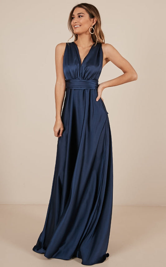 Nights Fallen Maxi Dress In Navy Satin