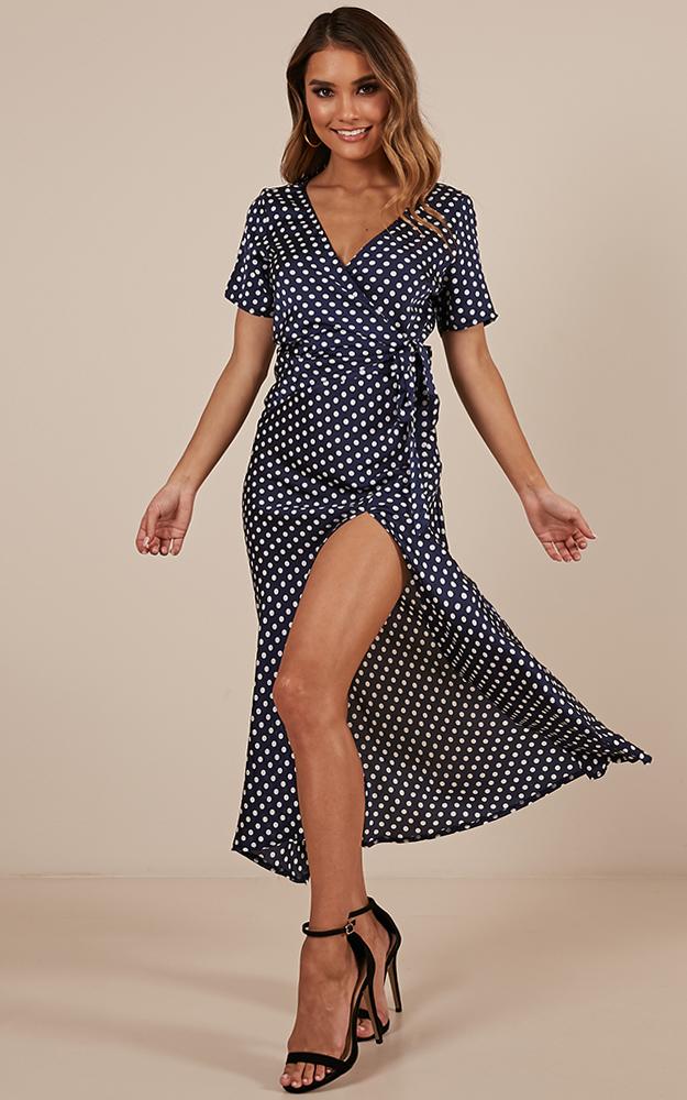 Laying Low Wrap Dress In Navy Polka Dot Satin