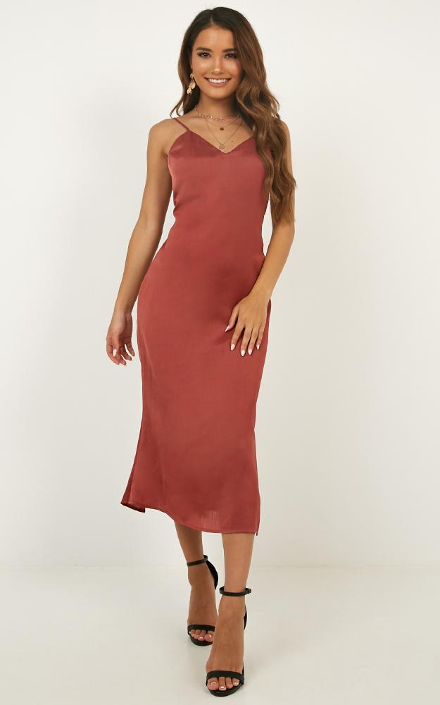 Hello World Midi Dress In Rose Satin