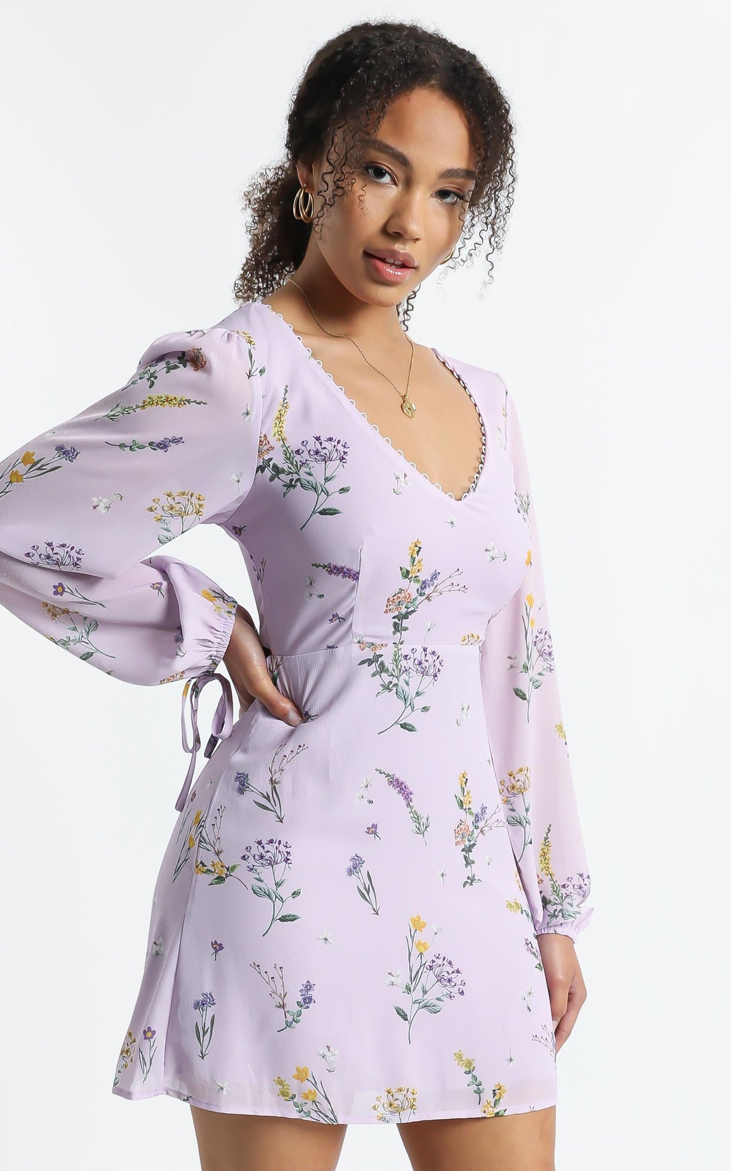 Andrea Long Sleeve Mini Dress in Lavender Botanical Floral