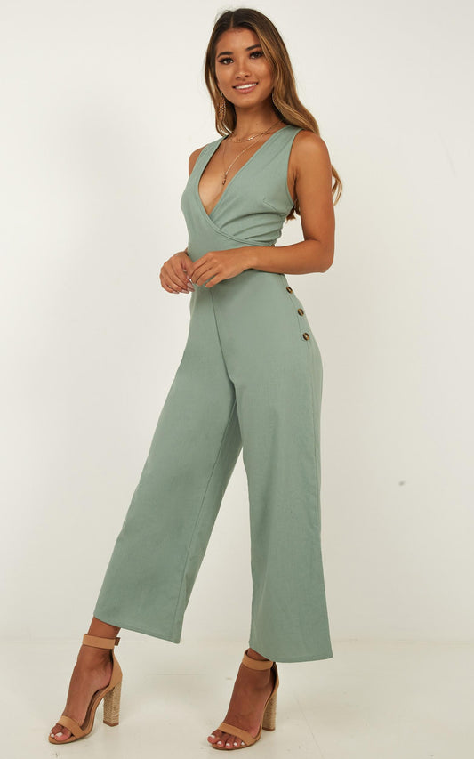 Clear As Crystal Jumpsuit In Sage Linen Look
