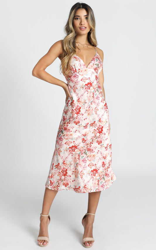 Diane Midi Dress In Red Floral Satin