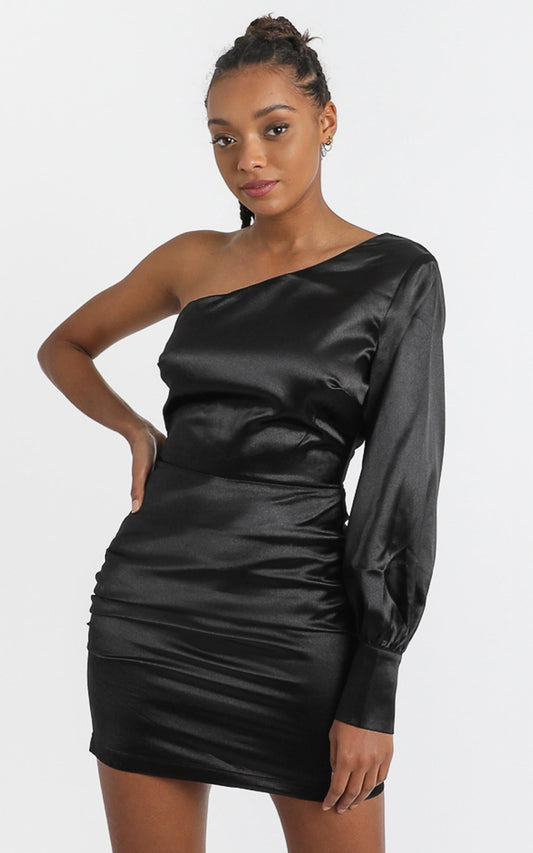 Eve One Shoulder Mini dress in black satin
