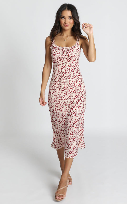 Keisha Midi Dress in Red Floral