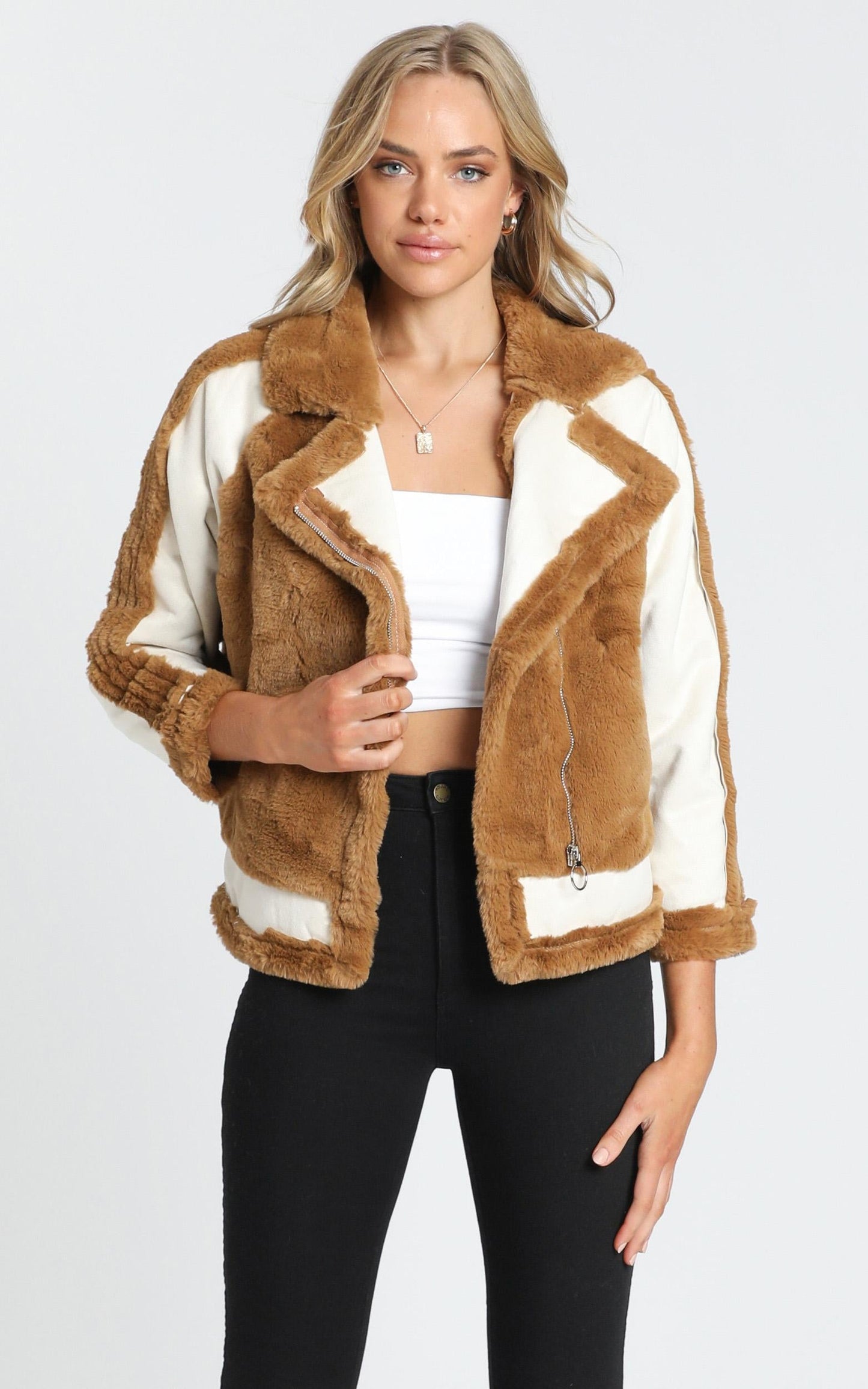 Layering Love Faux Fur Panel Jacket in Tan