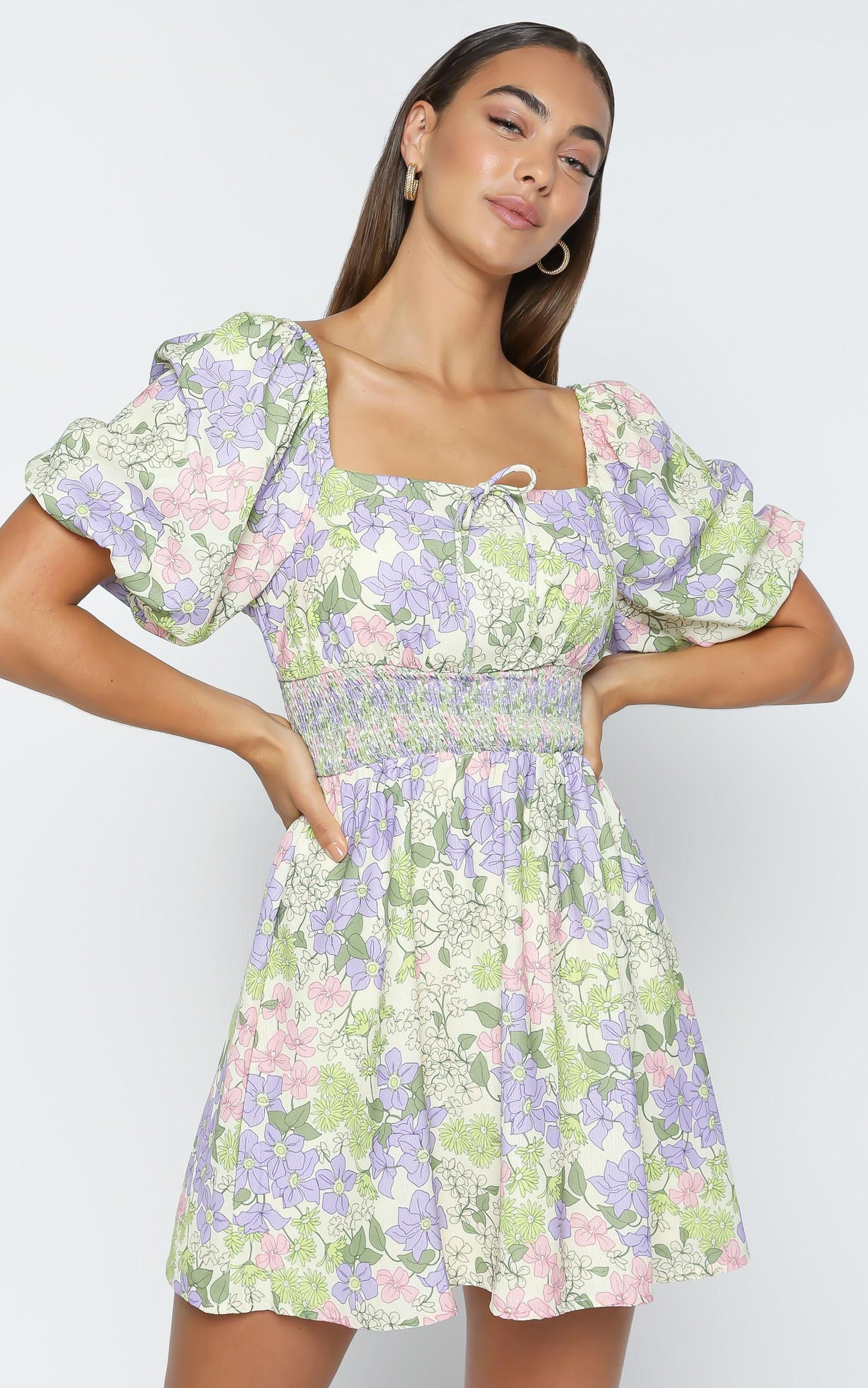 Phoebe Ruched Mini Dress in Garden Floral