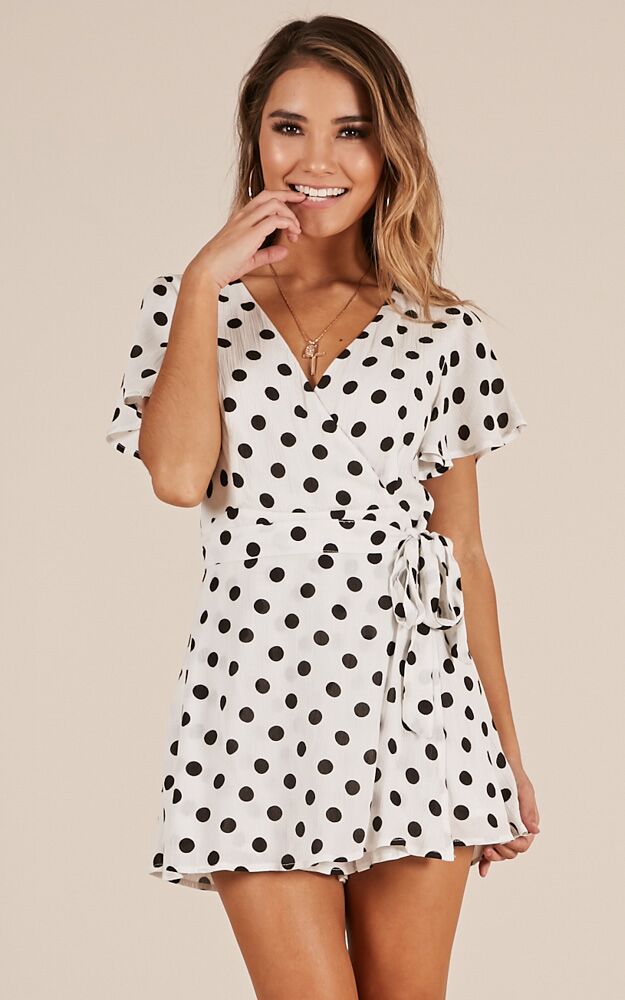 Gazey Eyes Playsuit In White Polkadot