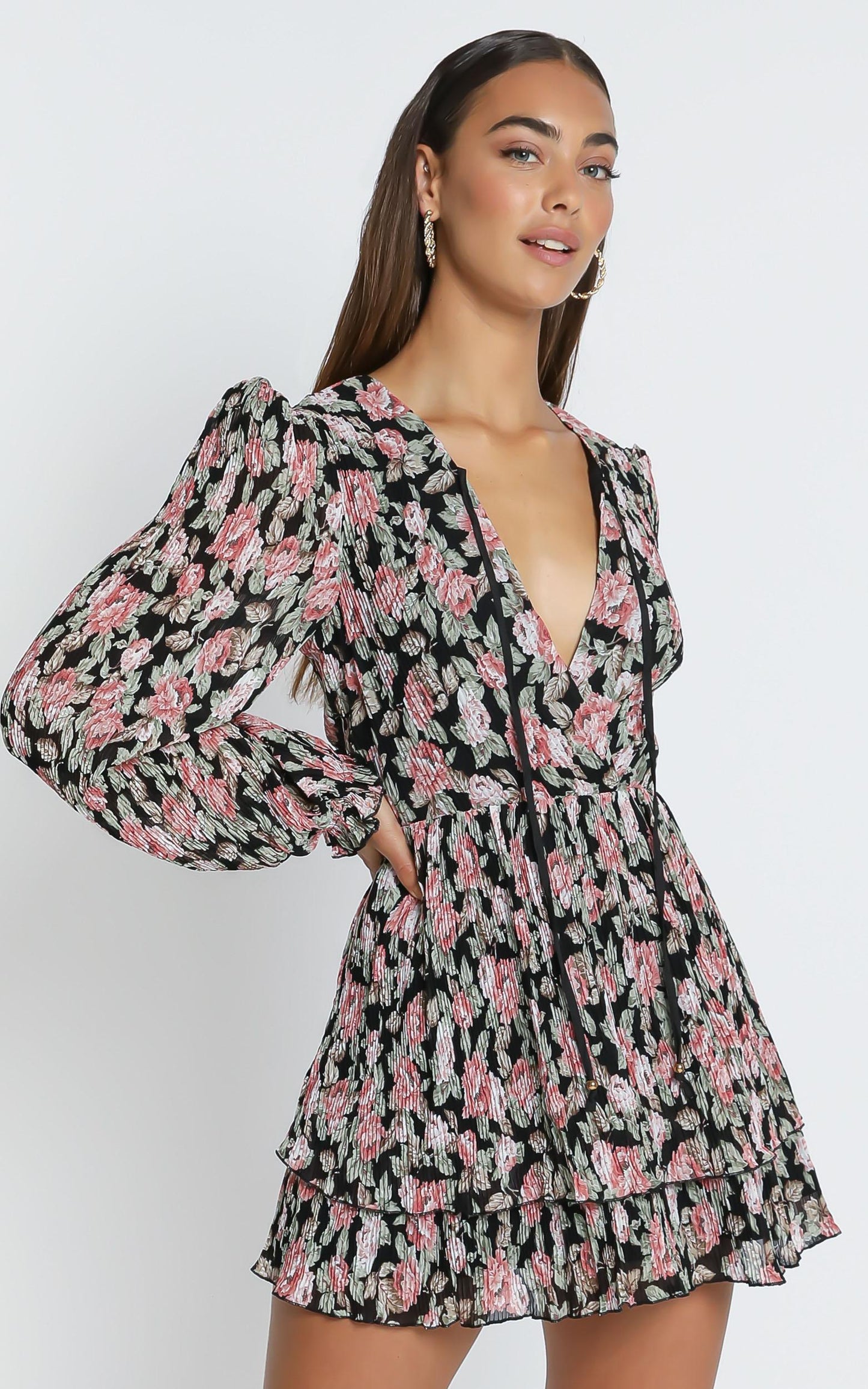 Eloise Long Sleeve Mini Dress in Pleated Rose Floral