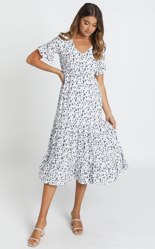 Sadie Midi Dress In White Floral