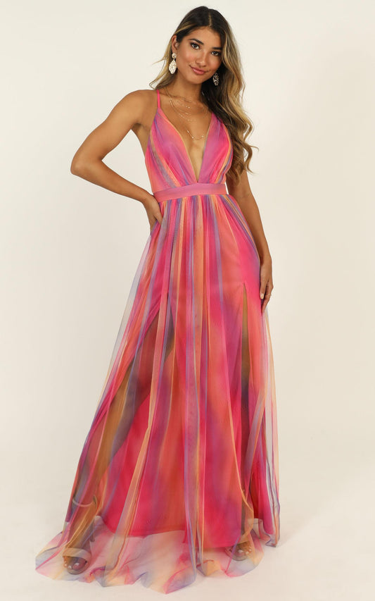 Sweet Romance Mesh Maxi Dress In Pink Multi