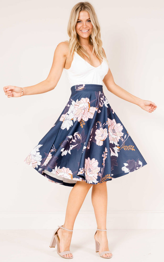 Whirlwind Midi Skirt In Navy Floral