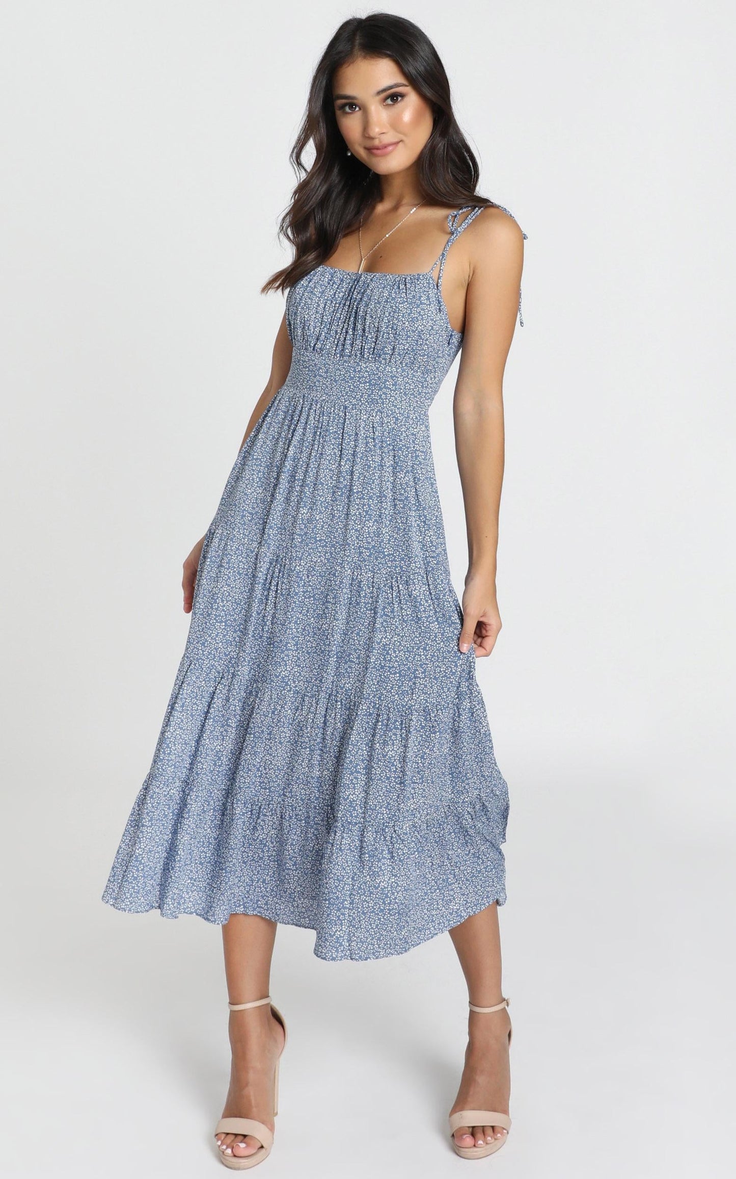 Agyness Tie Strap Midi Dress in Navy Floral