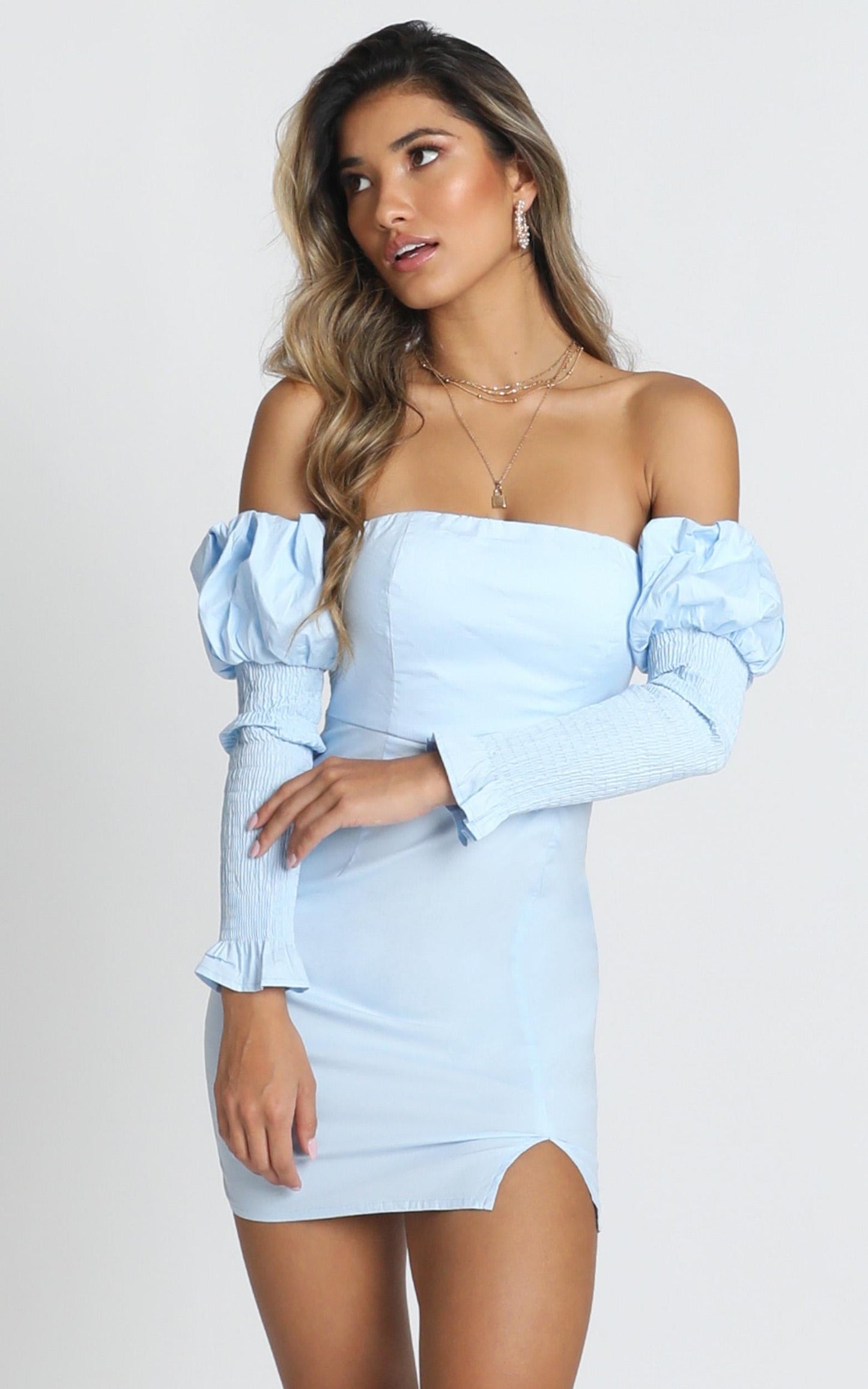 Angie Shirred Sleeve Mini Dress In Blue