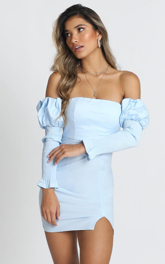 Angie Shirred Sleeve Mini Dress In Blue