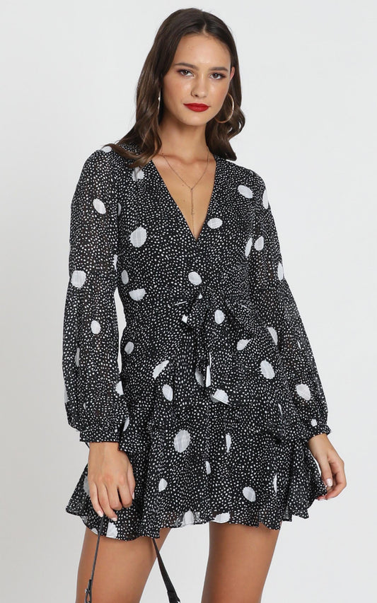 Aurelia V-Neck Mini Dress In Black Polka