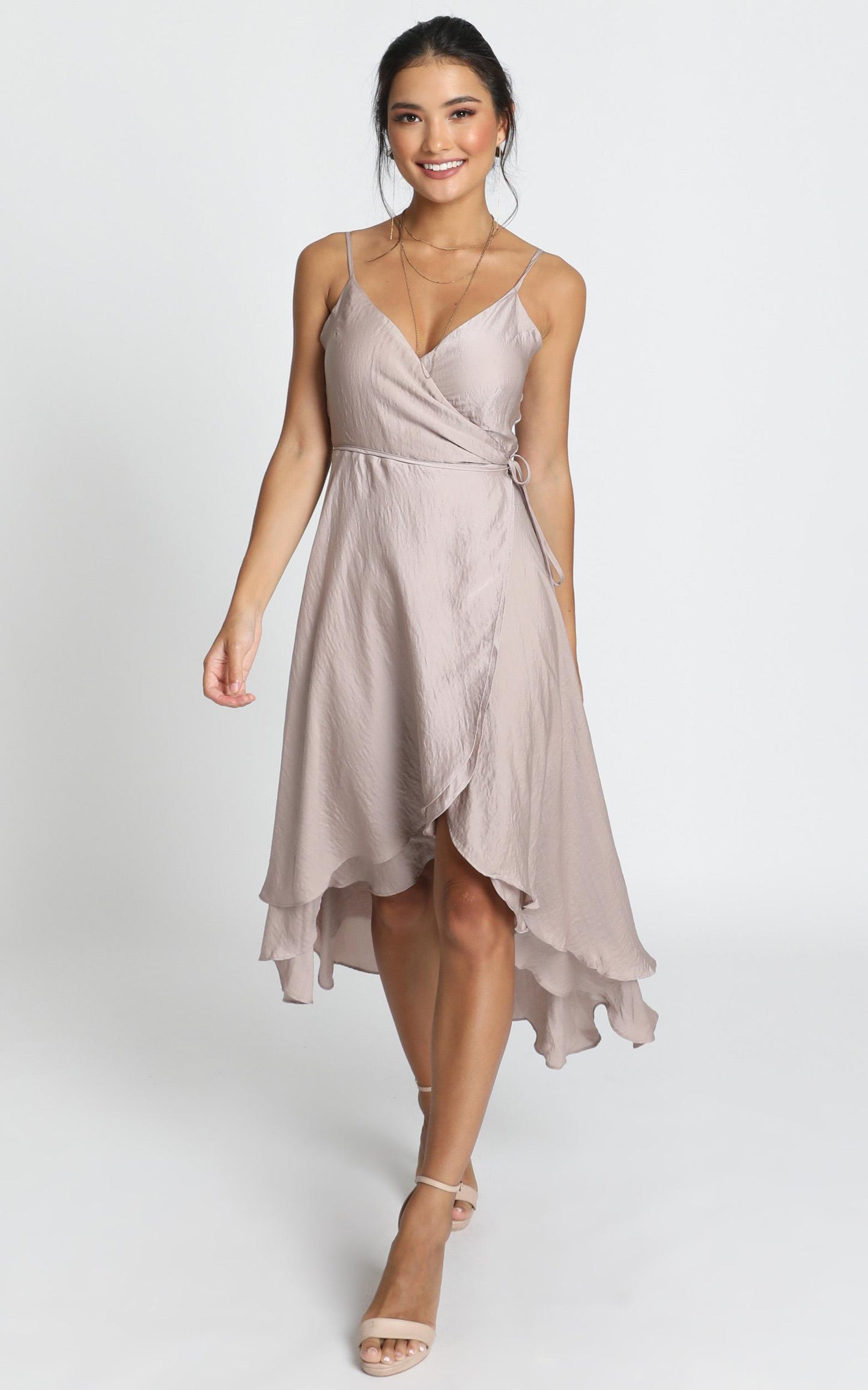 Between Fantasy Midi Dress in Champagne Satin