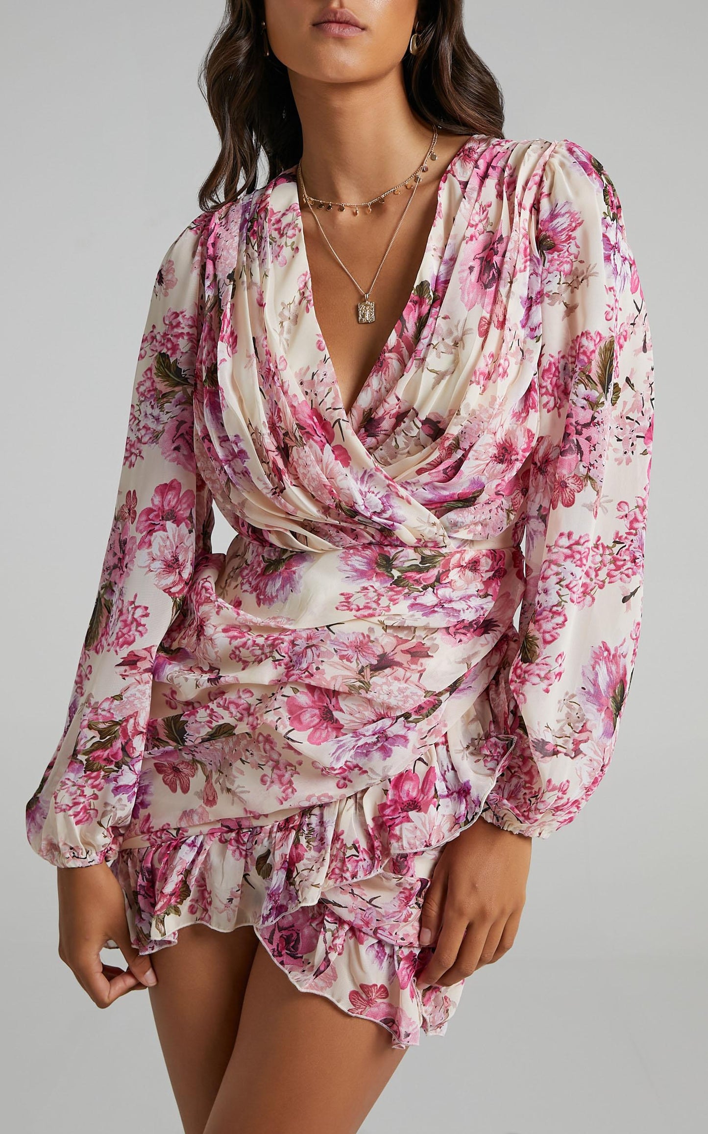 Can I Be Your Honey Mini Dress - Plunge Balloon Sleeve Dress in Pink Floral