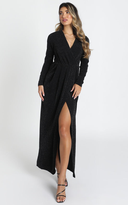 Clementine Long Sleeve Maxi Dress In Black Lurex