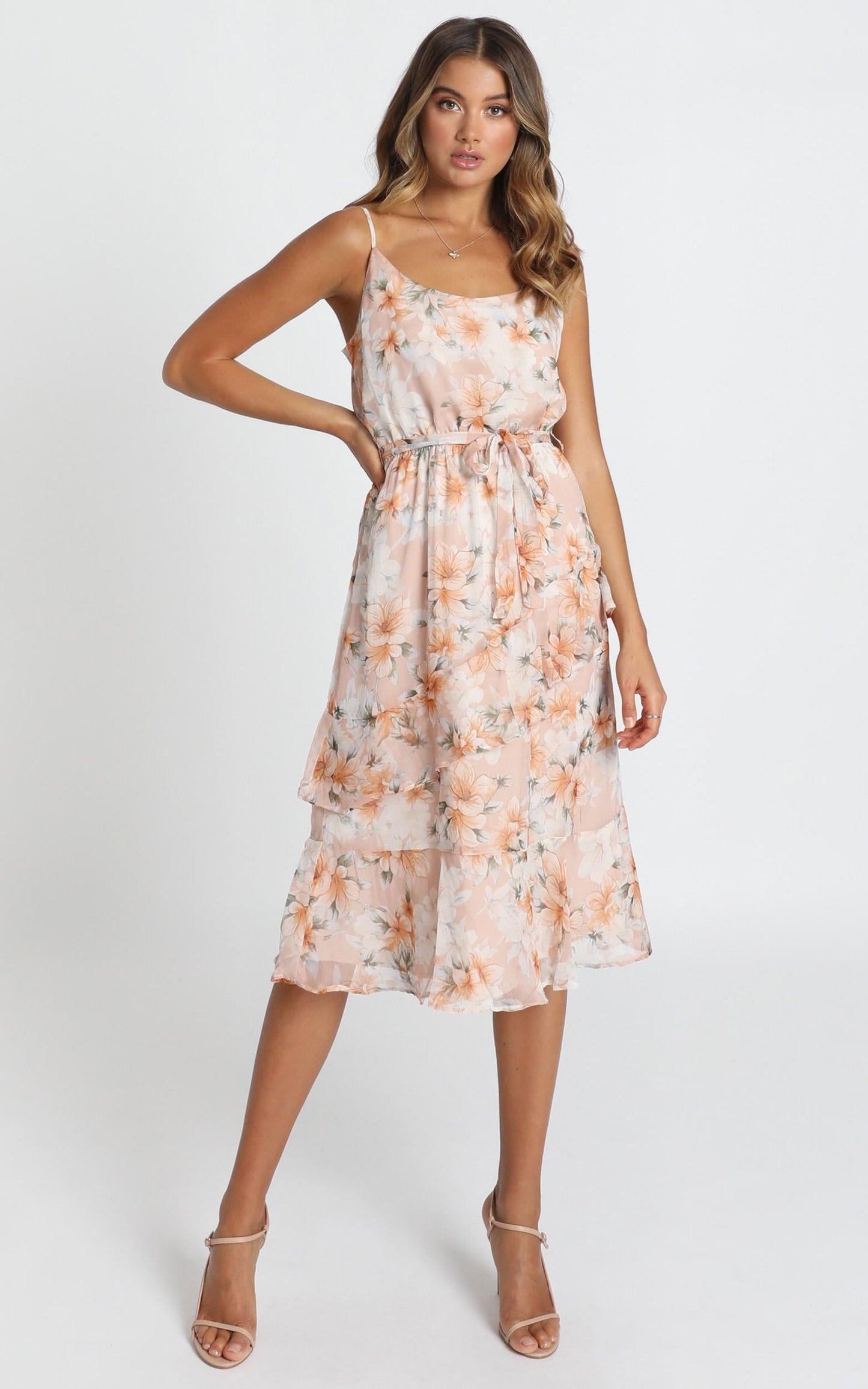 Dinah Frill Detail Midi Dress In Blush Floral