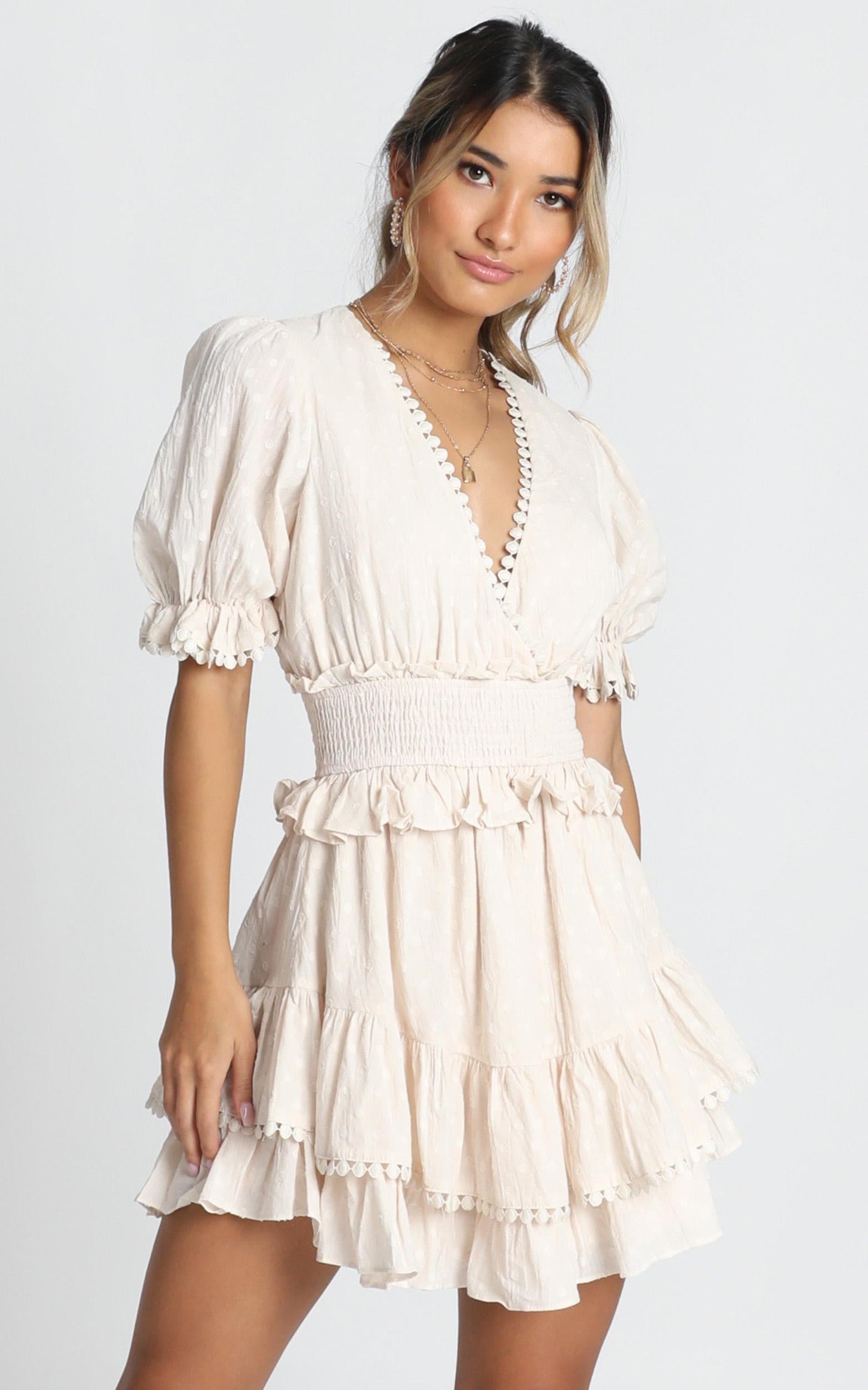 Dotty Frill Mini Dress In Beige