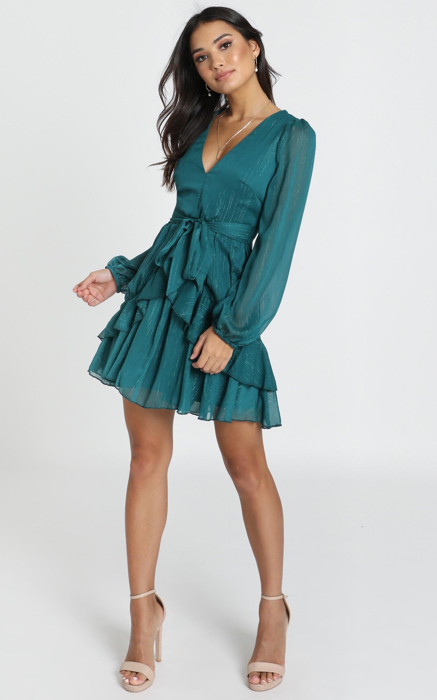 Eyes That Know Me Long Sleeve Ruffle Mini Dress in Teal